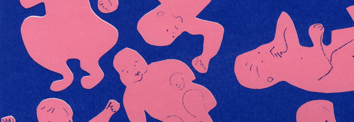 Print of babies in pink on blue background.