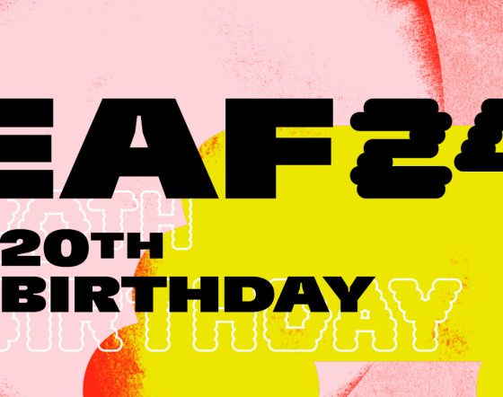 Text on pink, red and bright yellow graphic reads EAF24 20th Birthday