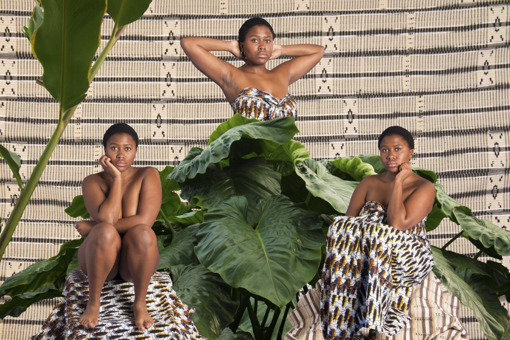 Collage photo by Tayo Adekunle showing an image of the same figure three times in different position wearing traditional African dress. The figures are layered over and behind lush foliage.